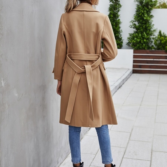 Camel Trench Coat Double Breast Buttons Work - Picture 5 of 6